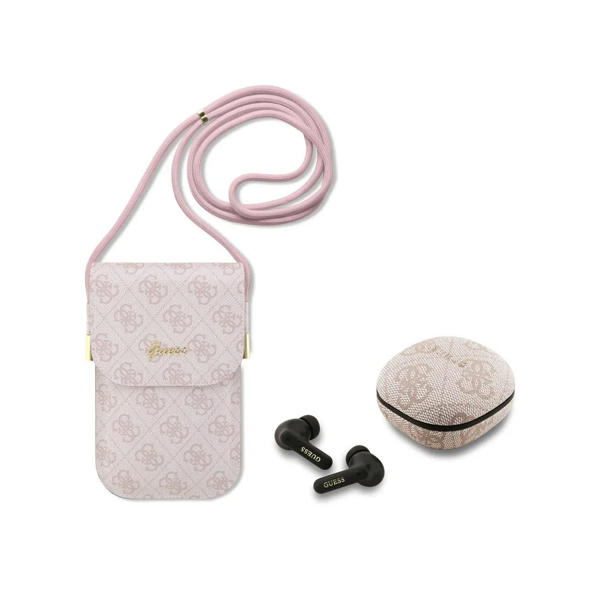 Guess Pack Bolso para Teléfono y Auriculares TWS – Bolso de Polipiel Rosa con Logo 4G y Auriculares Inalámbricos, Conexión Bluetooth Estable y Diseño Elegante