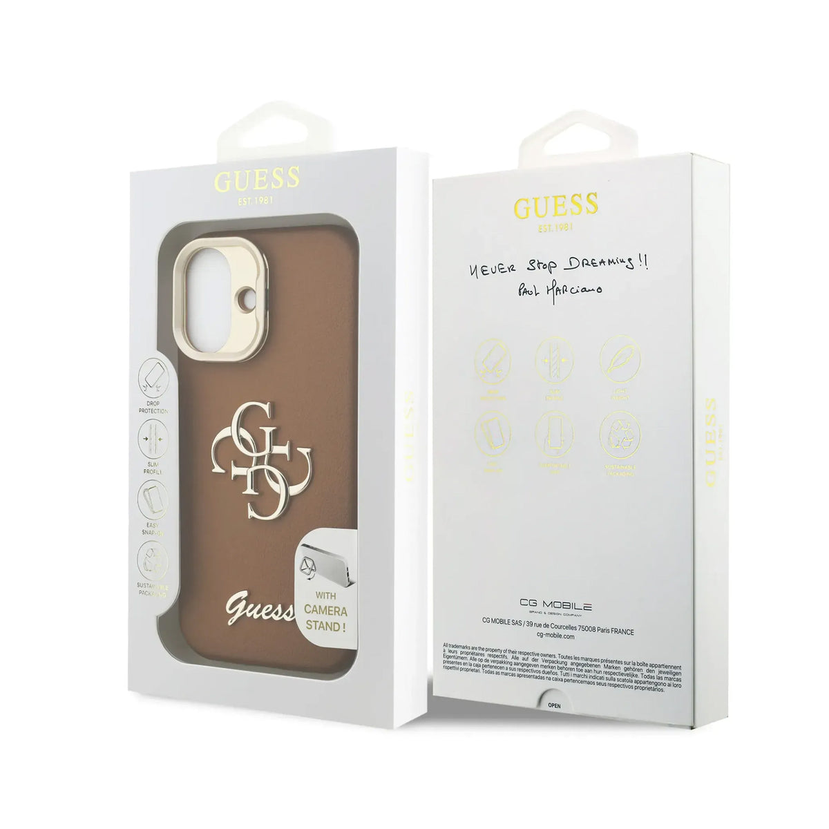 Guess iPhone 17 Case – Brown Grained Effect Cover with Stand, Drop Protection, and Precise Fit