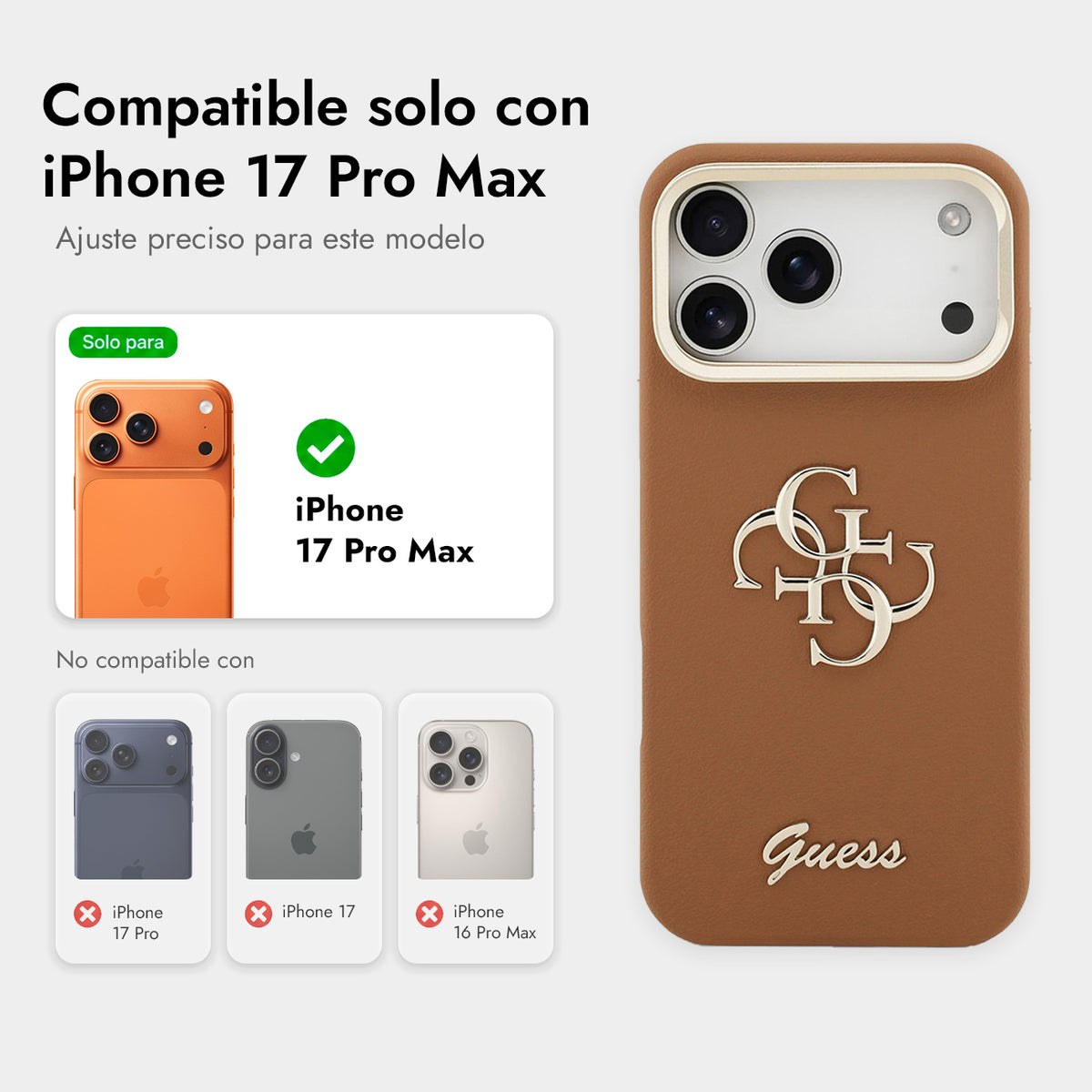 GUESS Funda Efecto Granulado Logo para iPhone 17 Pro Max/18 Pro Max con Soporte Integrado, Marrón