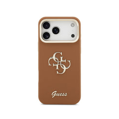 GUESS Funda para iPhone 17 Pro Max – Carcasa Efecto Granulado Marrón con Logo y Soporte, Diseño Funcional y Ajuste Preciso
