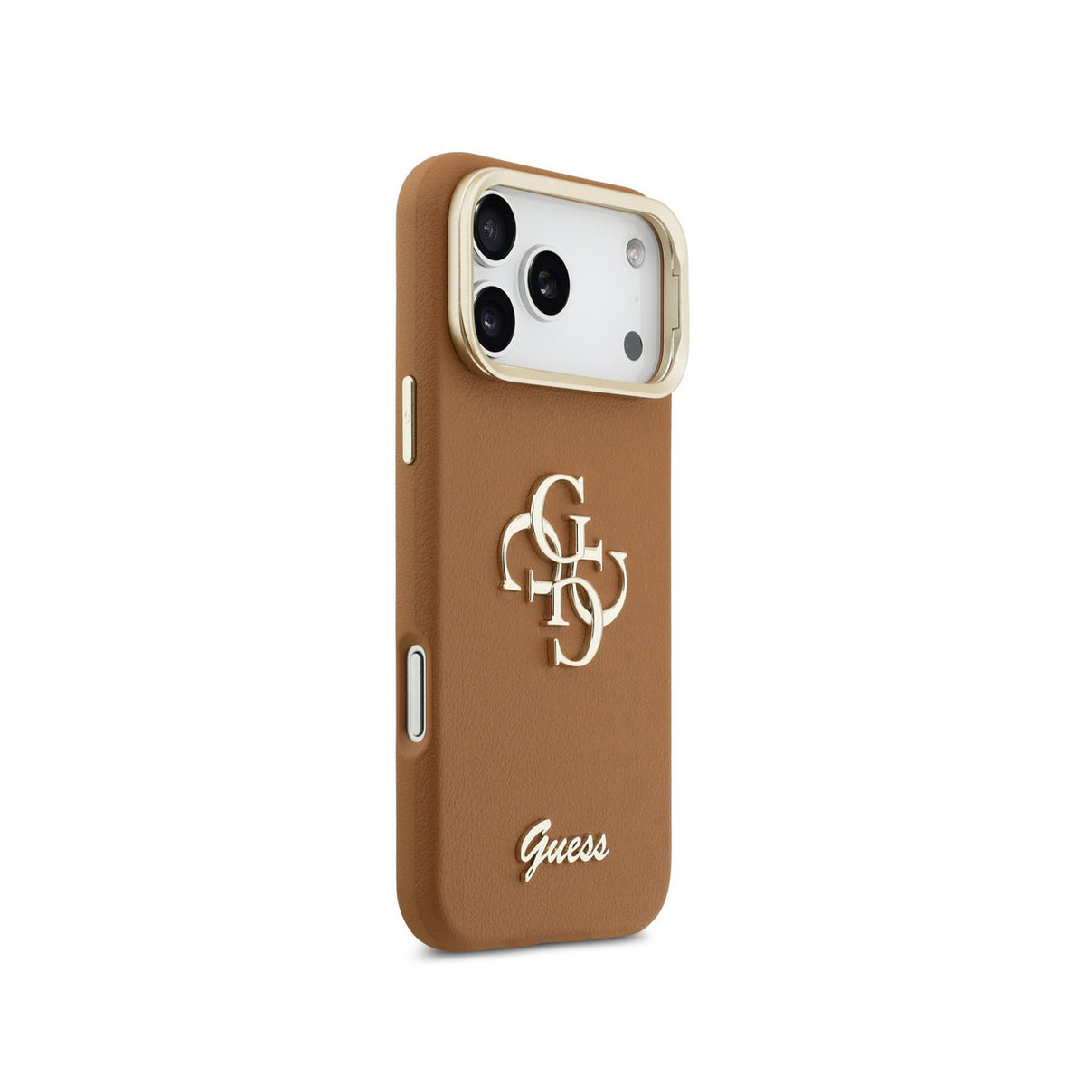 GUESS Funda Efecto Granulado con Logo 4G para iPhone 17 Pro/18 Pro con Soporte Integrado, Marrón