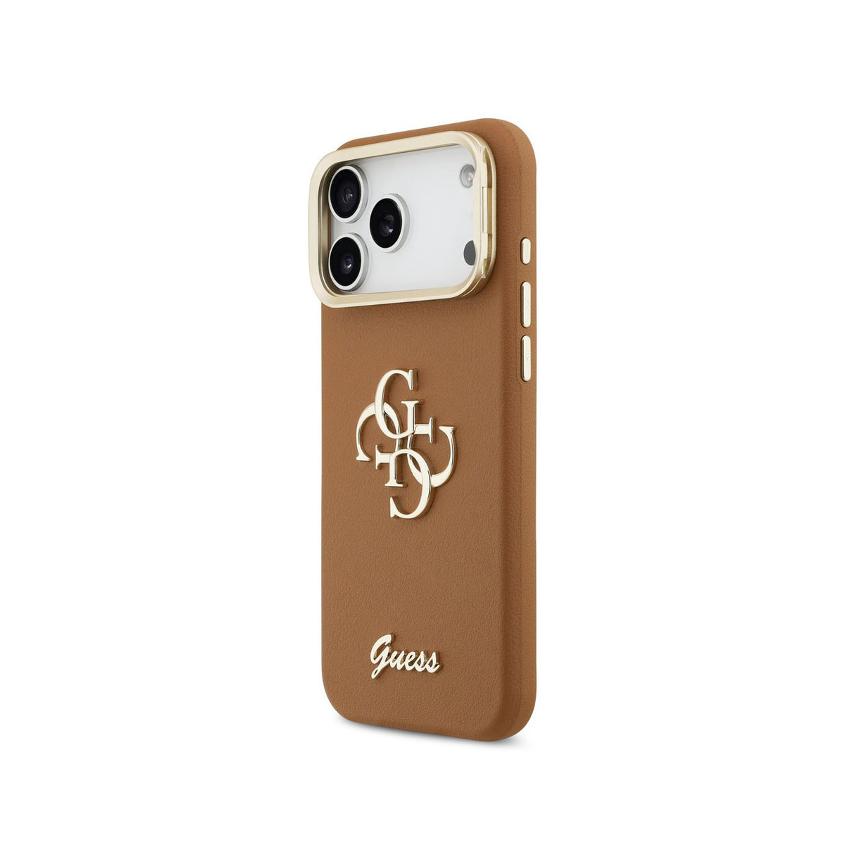GUESS Funda Efecto Granulado Logo para iPhone 17 Pro Max/18 Pro Max con Soporte Integrado, Marrón