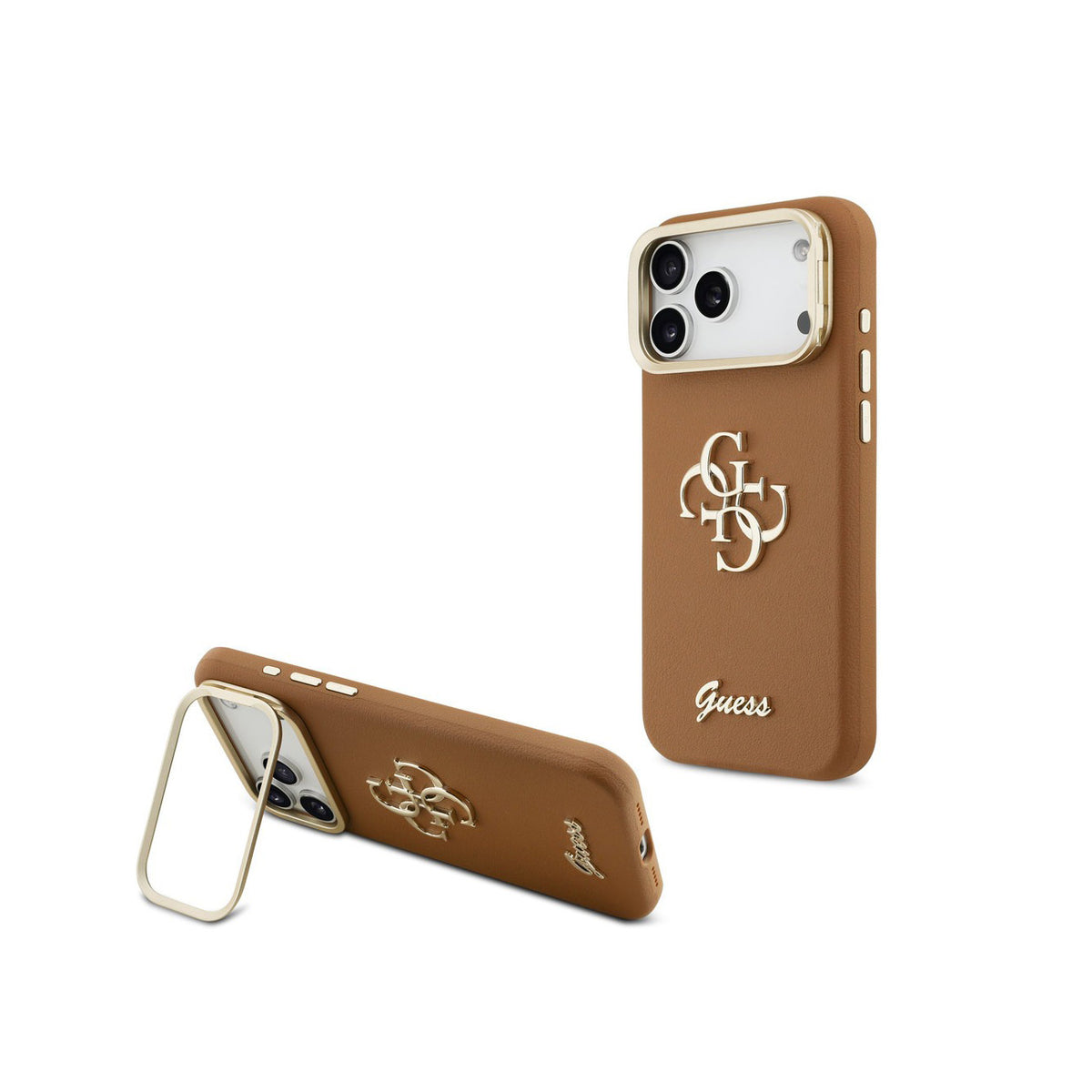 GUESS Funda Efecto Granulado Logo para iPhone 17 Pro Max/18 Pro Max con Soporte Integrado, Marrón