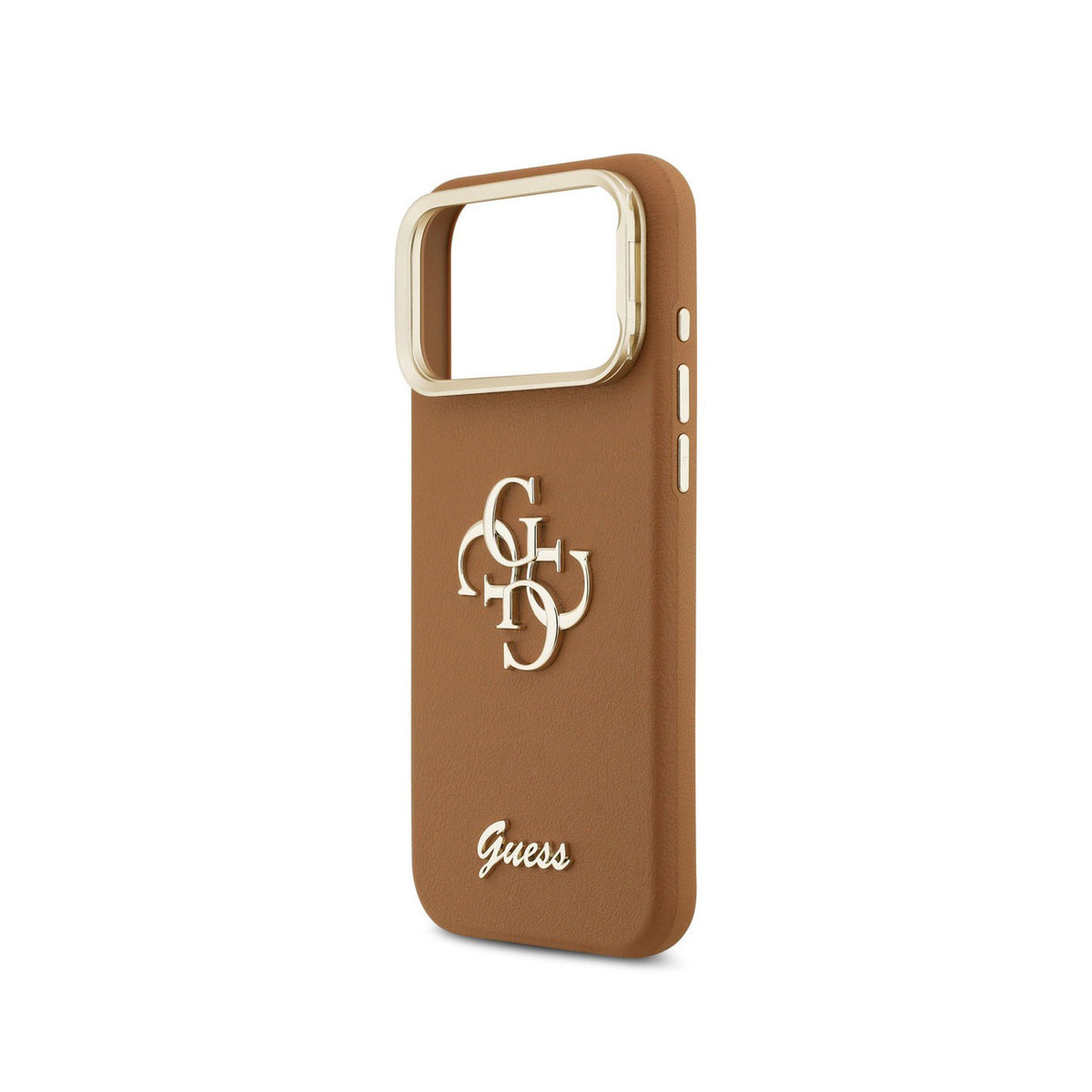GUESS Funda Efecto Granulado Logo para iPhone 17 Pro Max/18 Pro Max con Soporte Integrado, Marrón