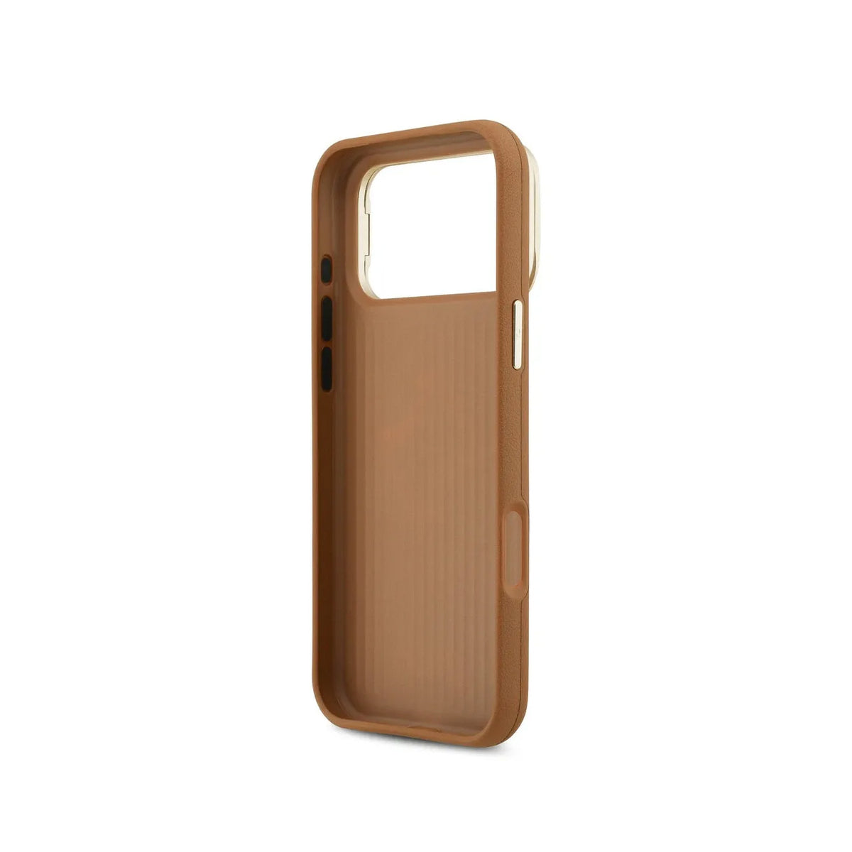 GUESS Funda Efecto Granulado Logo para iPhone 17 Pro Max/18 Pro Max con Soporte Integrado, Marrón