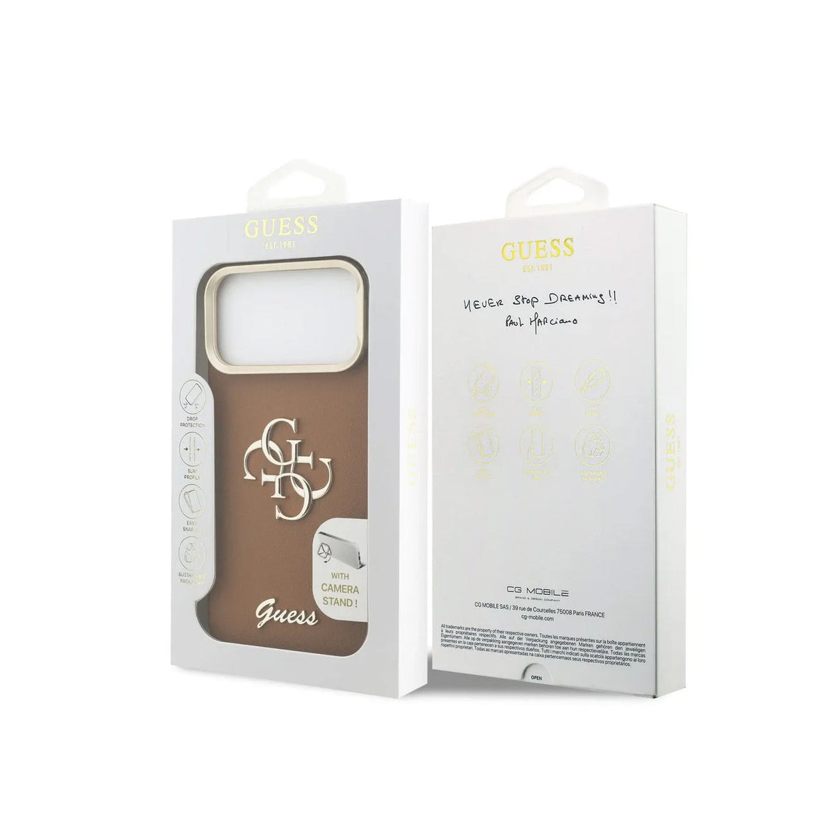 GUESS Funda Efecto Granulado Logo para iPhone 17 Pro Max/18 Pro Max con Soporte Integrado, Marrón