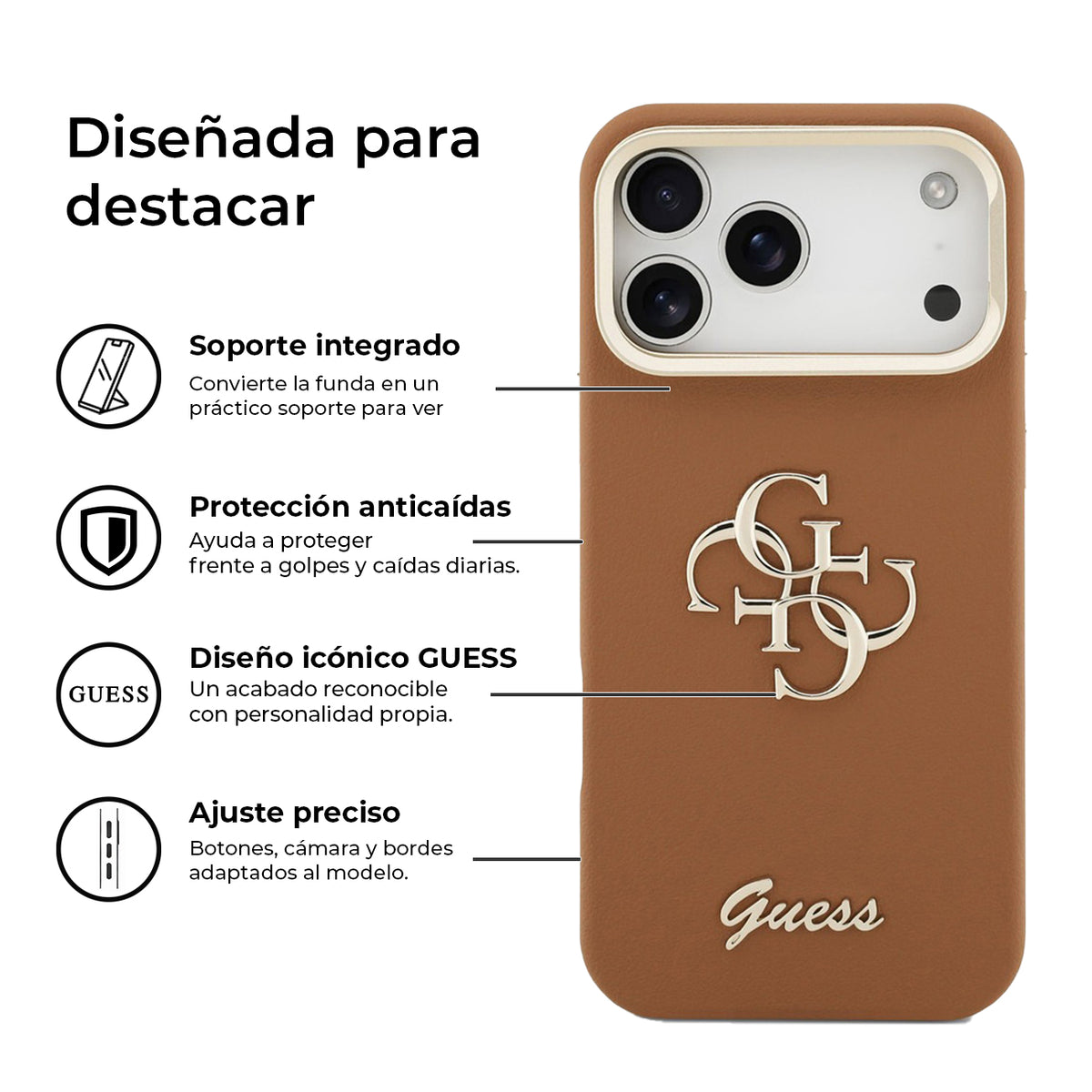GUESS Funda Efecto Granulado Logo para iPhone 17 Pro Max/18 Pro Max con Soporte Integrado, Marrón