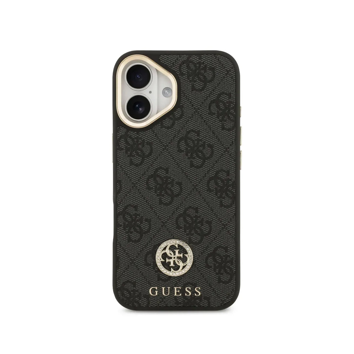 GUESS Funda Logo 4G Strass para iPhone 16 con Correa Ancha, Compatible con MagSafe y Protección Anticaídas, Negra