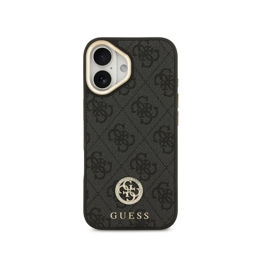 GUESS Funda para iPhone 16 – Carcasa con MagSafe Negra con Logo 4G de Strass y Correa Ancha, Diseño Elegante y Ajuste Preciso