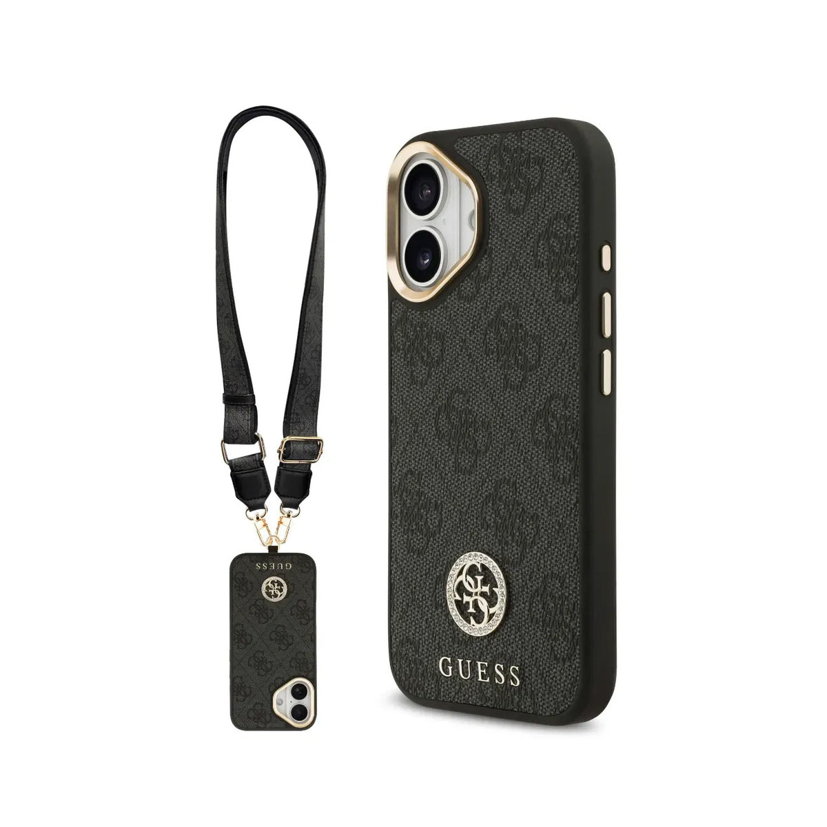 GUESS Funda Logo 4G Strass para iPhone 16 con Correa Ancha, Compatible con MagSafe y Protección Anticaídas, Negra