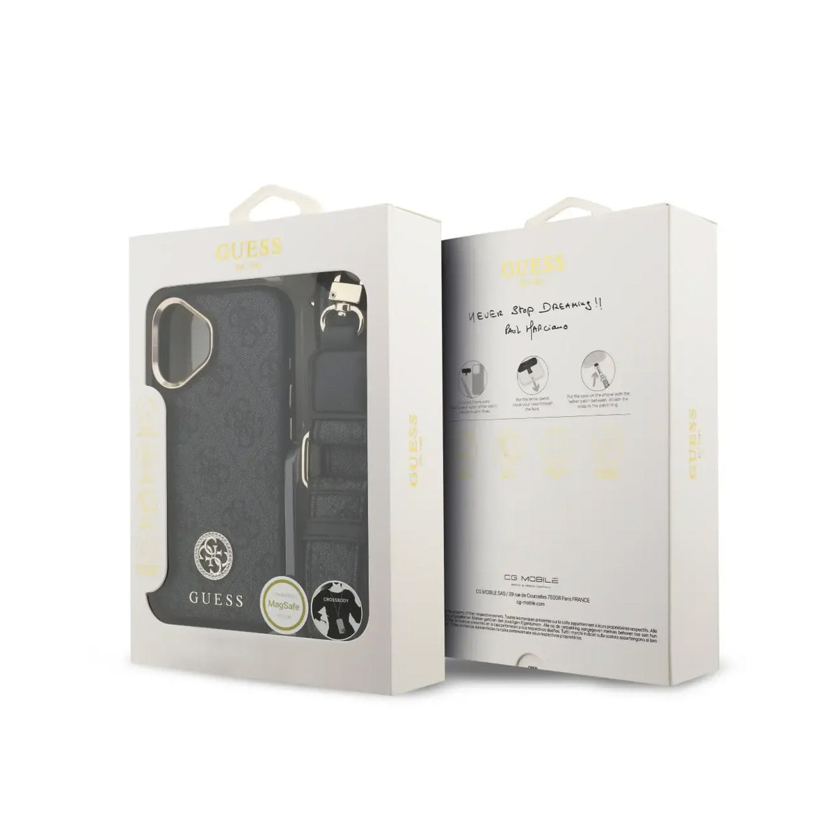 GUESS Funda Logo 4G Strass para iPhone 16 con Correa Ancha, Compatible con MagSafe y Protección Anticaídas, Negra