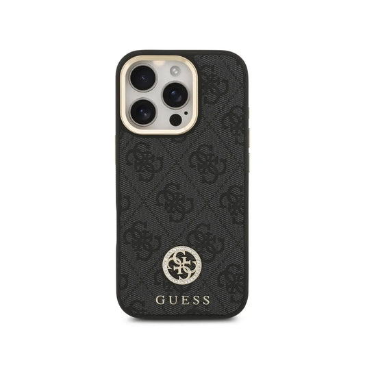 GUESS Funda para iPhone 16 Pro – Carcasa con MagSafe Negra con Logo 4G de Strass y Correa Ancha, Diseño Elegante y Ajuste Preciso