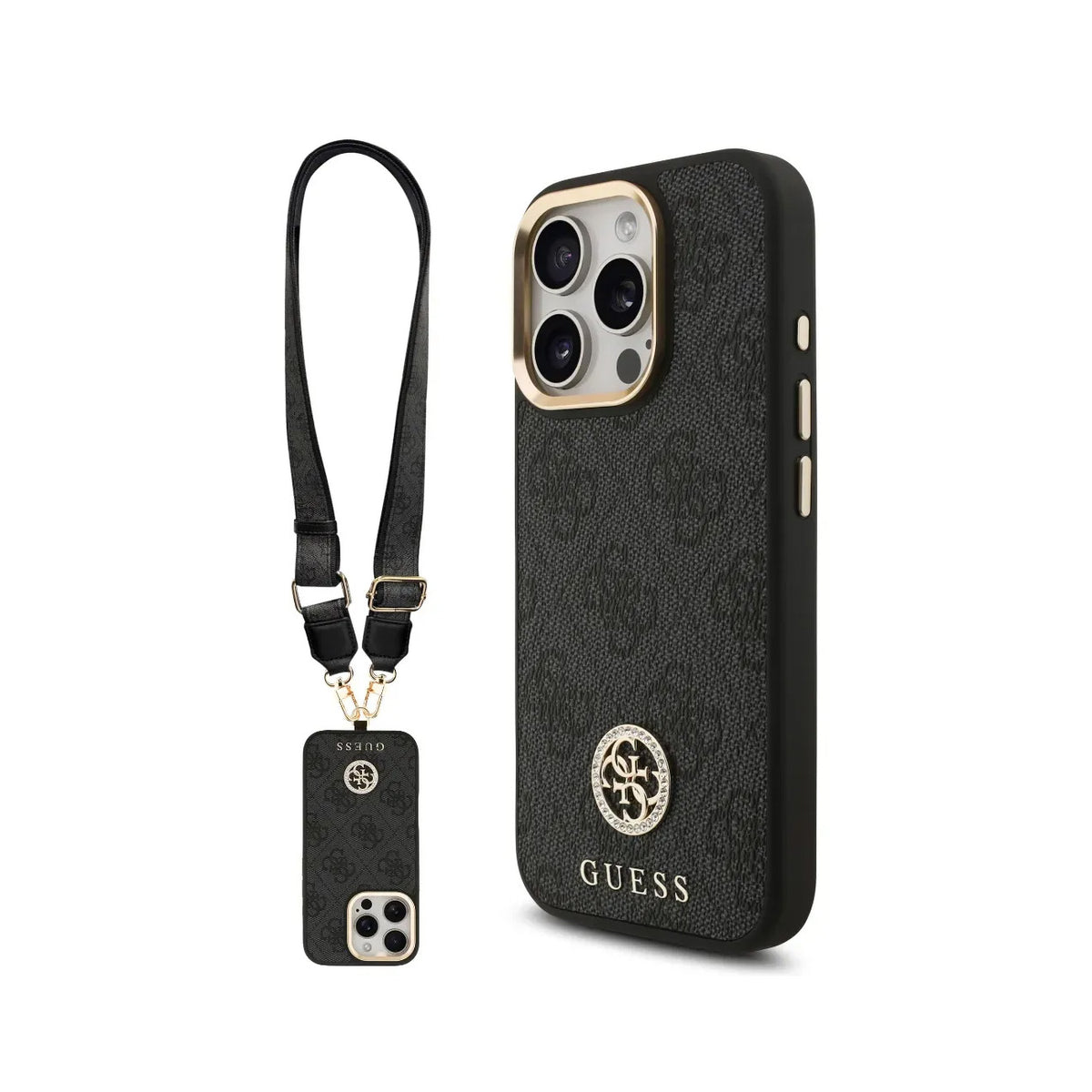 GUESS iPhone 16 Pro Case - Black MagSafe Case with 4G Strass Logo and Wide Strap, Elegant Design and Precise Fit