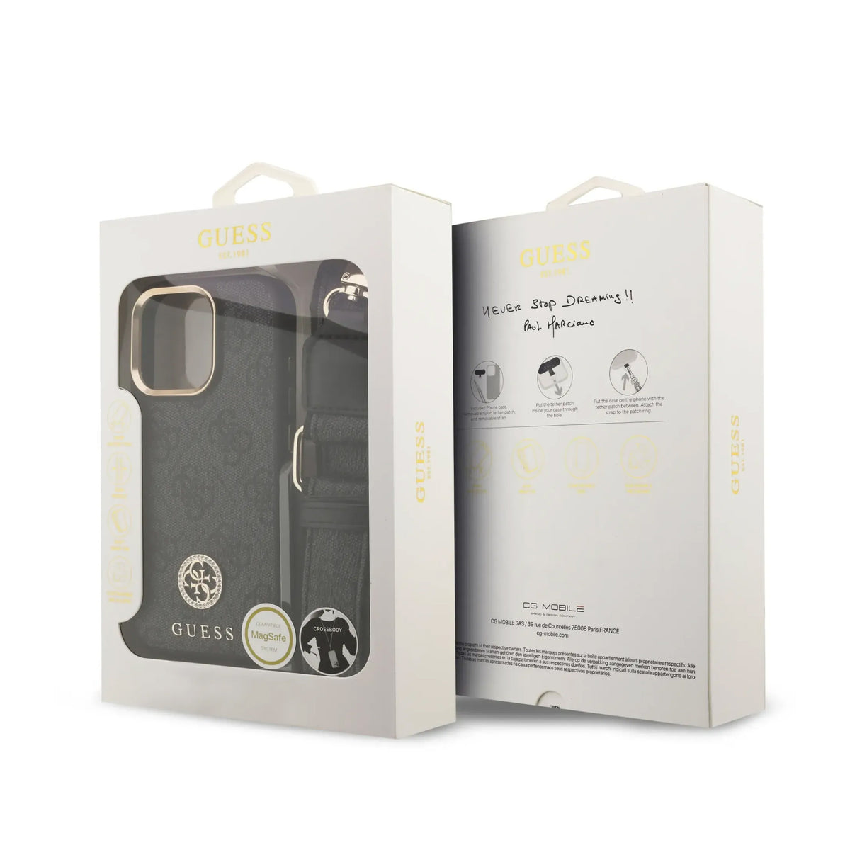 GUESS iPhone 16 Pro Case - Black MagSafe Case with 4G Strass Logo and Wide Strap, Elegant Design and Precise Fit