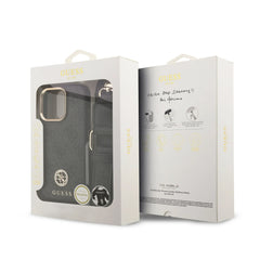 GUESS Funda Logo 4G Strass para iPhone 16 Pro con Correa Ancha, Compatible con MagSafe y Protección Anticaídas, Negra