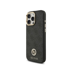 GUESS Funda Logo 4G Strass para iPhone 16 Pro Max con Correa Ancha, Compatible con MagSafe y Protección Anticaídas, Negra