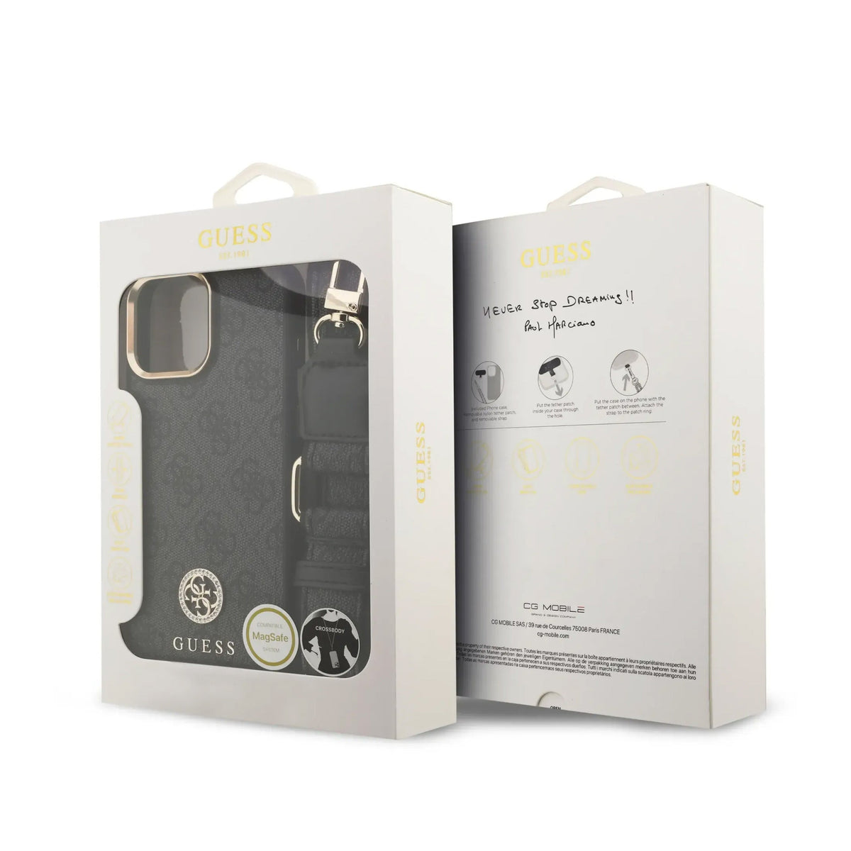 GUESS iPhone 16 Pro Max Case - Black MagSafe Case with 4G Strass Logo and Wide Strap, Elegant Design and Precise Fit