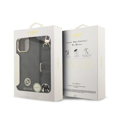 GUESS Funda Logo 4G Strass para iPhone 16 Pro Max con Correa Ancha, Compatible con MagSafe y Protección Anticaídas, Negra