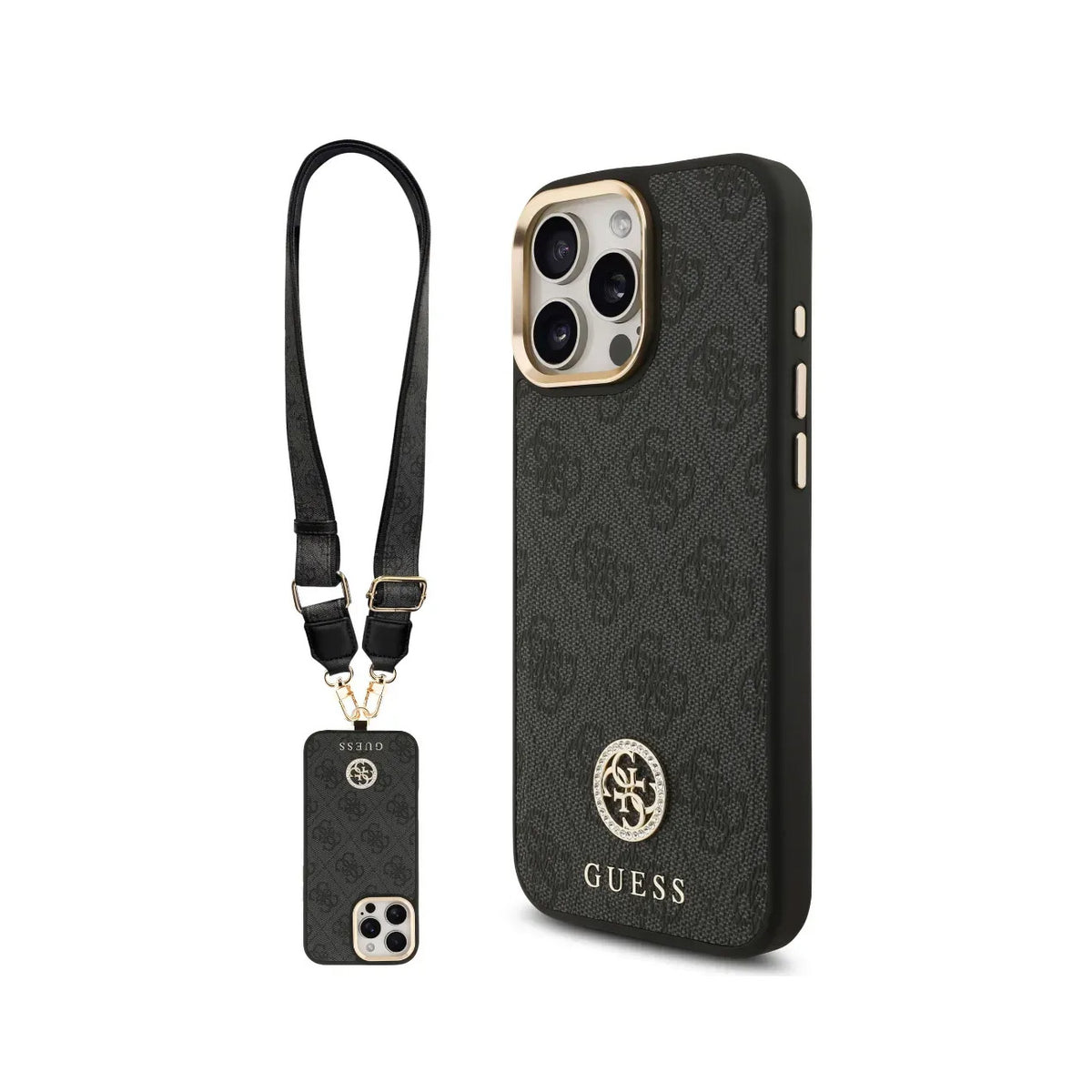 GUESS iPhone 16 Pro Max Case - Black MagSafe Case with 4G Strass Logo and Wide Strap, Elegant Design and Precise Fit