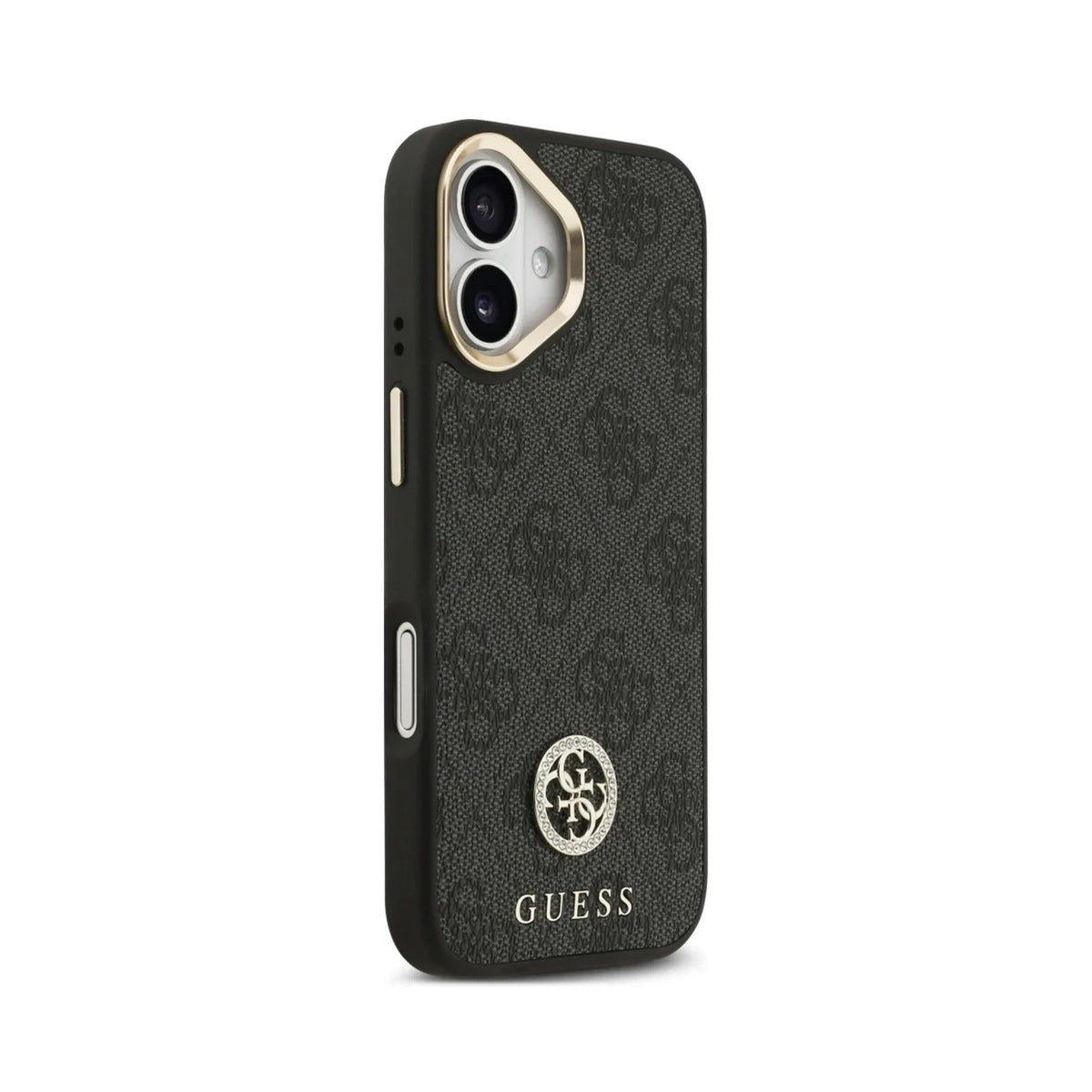 Guess Funda Efecto Piel Logo Strass para iPhone 17 con Correa Bandolera y Protección Anticaídas, Negra