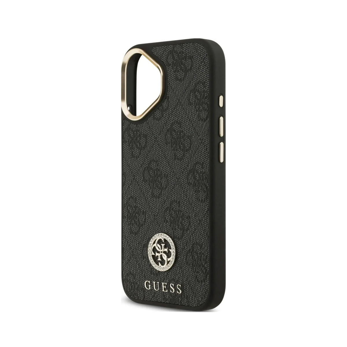 Guess Funda Efecto Piel Logo Strass para iPhone 17 con Correa Bandolera y Protección Anticaídas, Negra