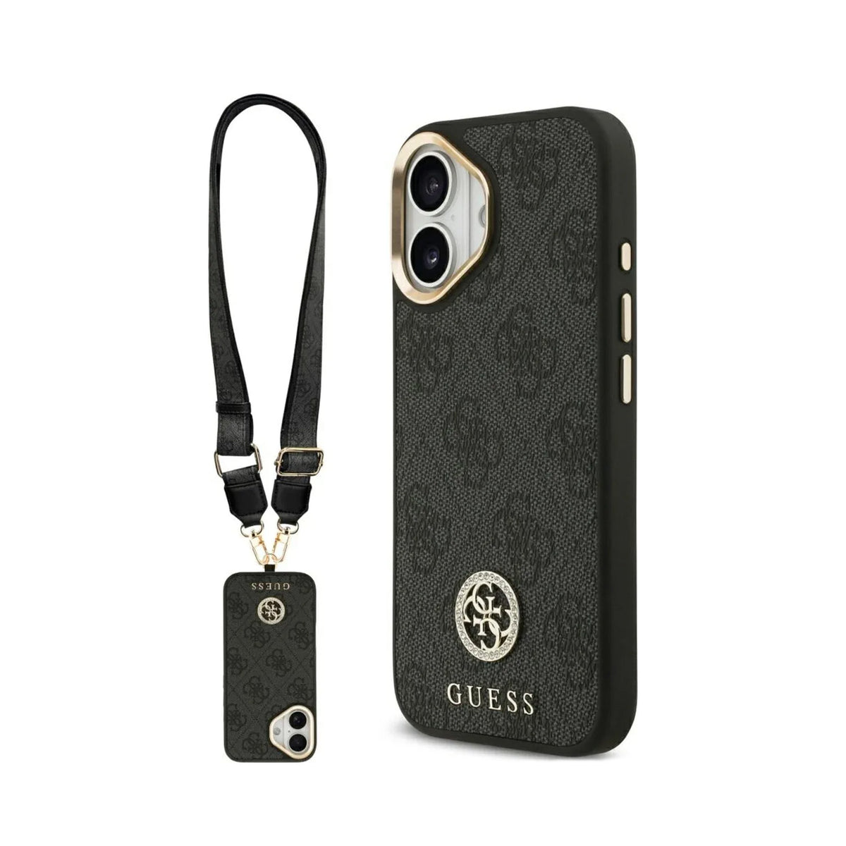 Guess Funda Efecto Piel Logo Strass para iPhone 17 con Correa Bandolera y Protección Anticaídas, Negra