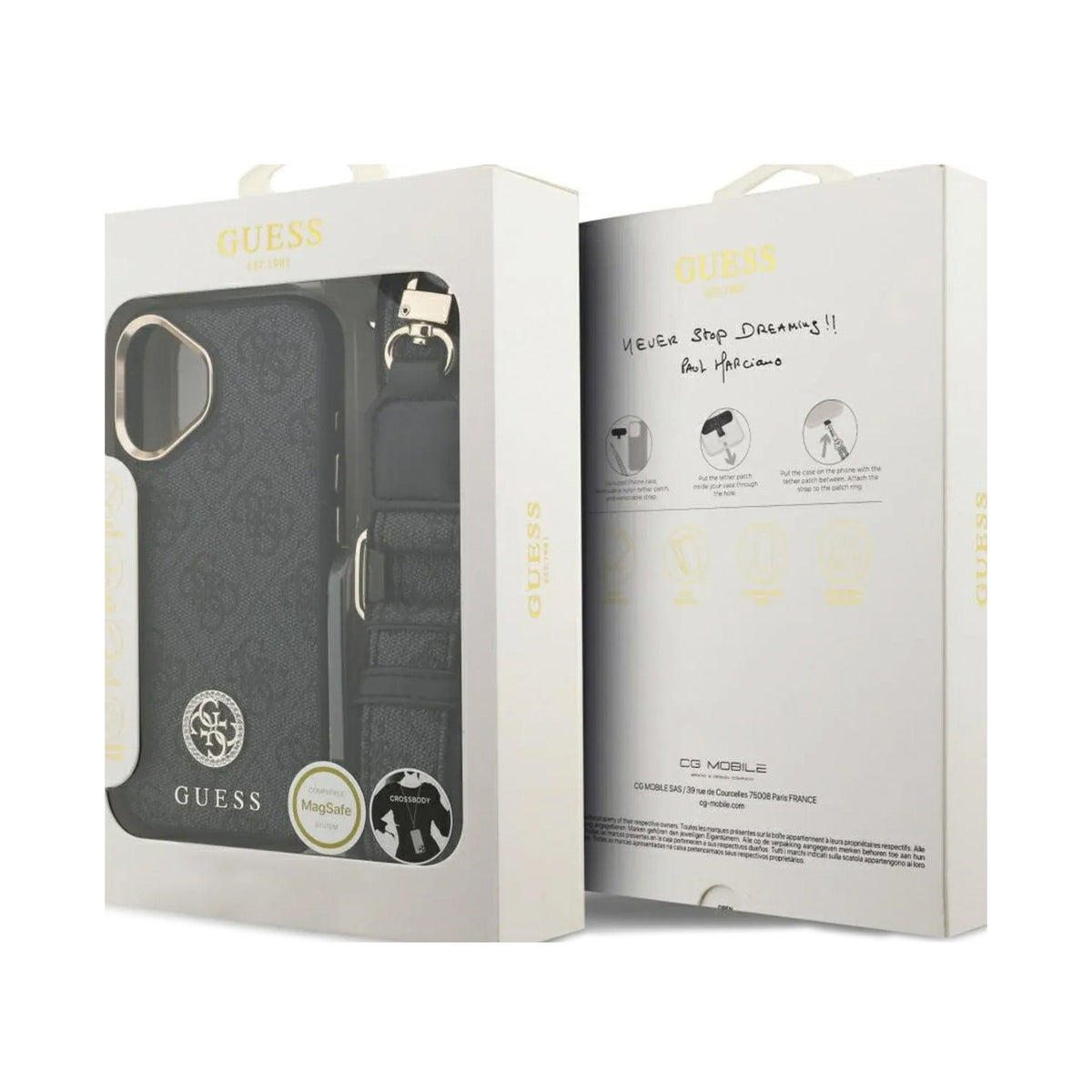 Guess Funda Efecto Piel Logo Strass para iPhone 17 con Correa Bandolera y Protección Anticaídas, Negra