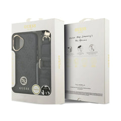 Guess Funda para iPhone 17 – Carcasa con Efecto Piel Negra, Logotipo Strass y Correa Bandolera, Protección Anticaídas y Ajuste Preciso