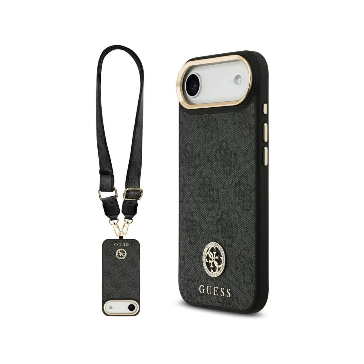 Guess iPhone 17 Air Case – Black Faux Leather Cover with Strass Logo and Wide Strap, Drop Protection and Precise Fit