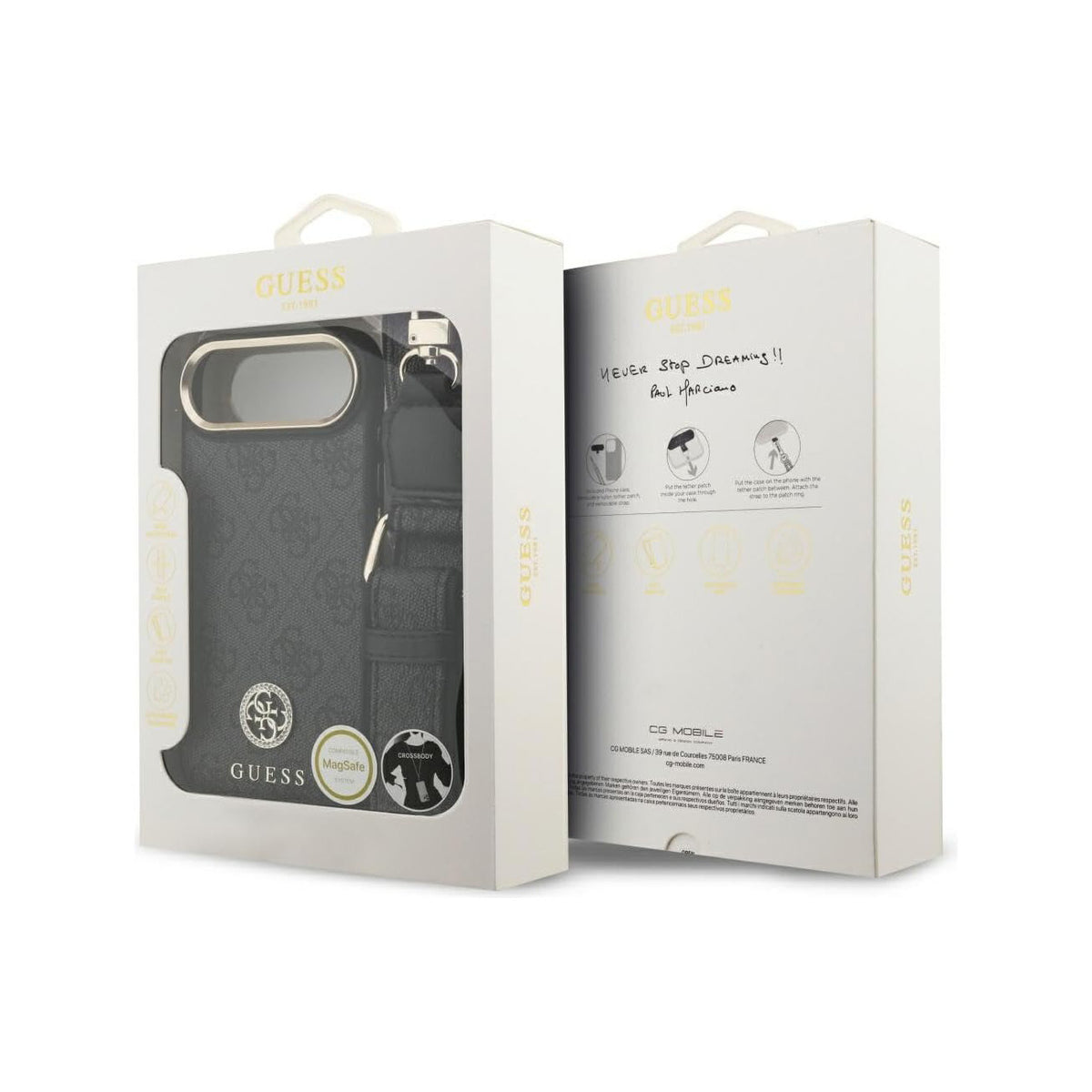Guess iPhone 17 Air Case – Black Faux Leather Cover with Strass Logo and Wide Strap, Drop Protection and Precise Fit