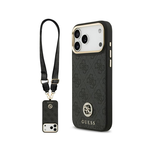 Guess Funda de Polipiel Logo Strass para iPhone 17 Pro Max con Correa Ancha y Protección Anticaídas, Negra