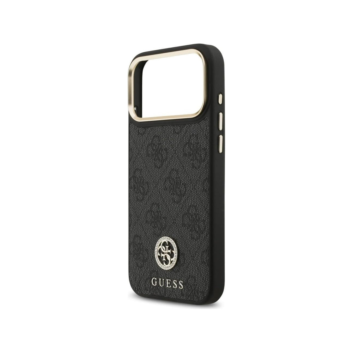 Guess iPhone 17 Pro Case - Black Faux Leather Cover with Strass Logo and Wide Strap, Drop Protection and Precise Fit