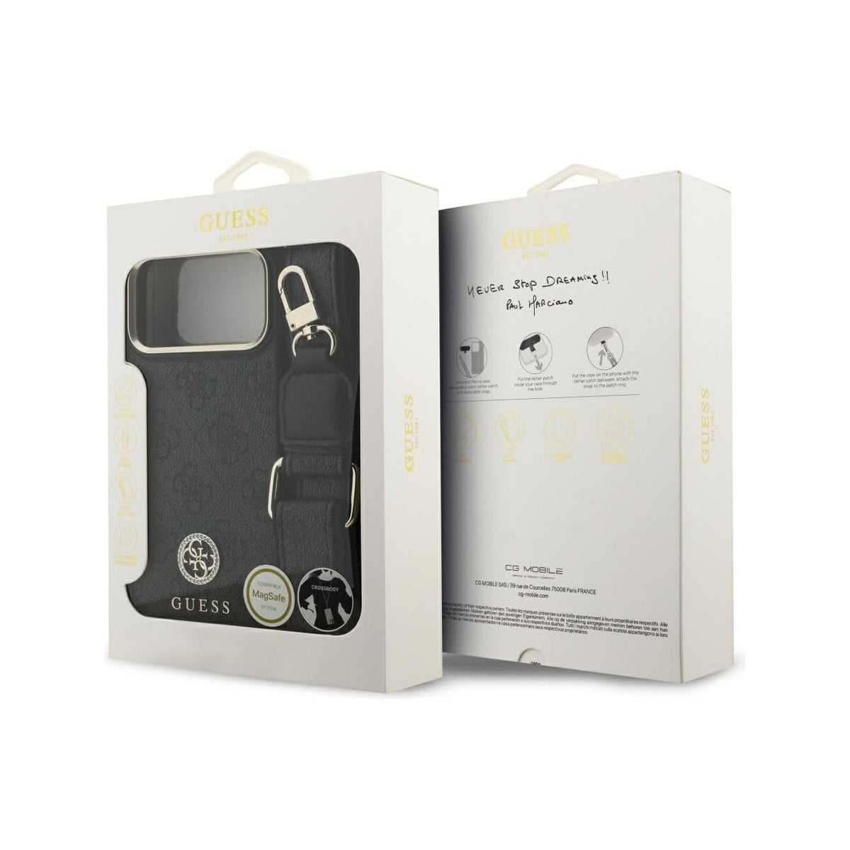 Guess Funda de Polipiel Logo Strass para iPhone 17 Pro Max/18 Pro Max con Correa Ancha y Protección Anticaídas, Negra