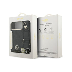 Guess Funda de Polipiel Logo Strass para iPhone 17 Pro con Correa Ancha y Protección Anticaídas, Negra