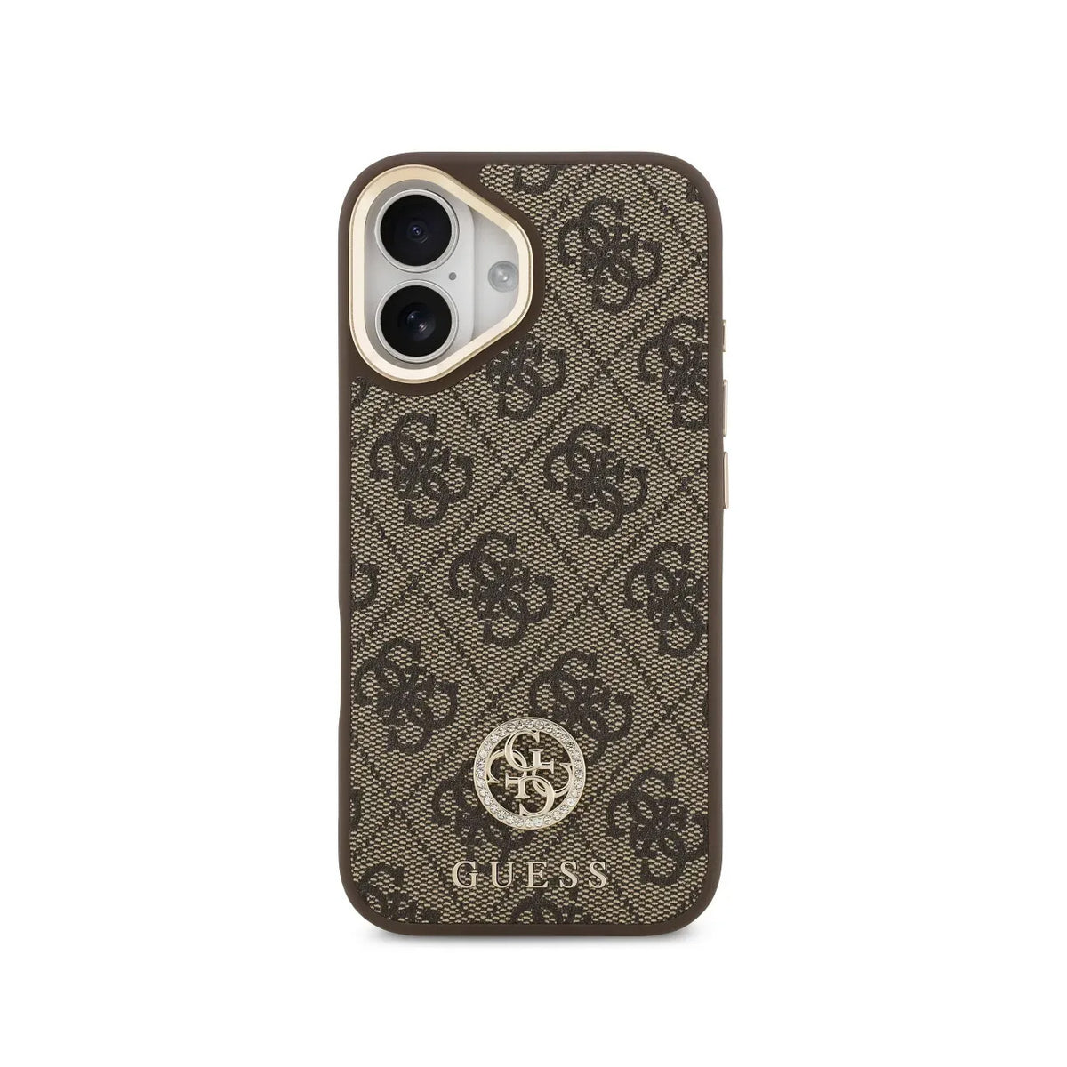GUESS Funda Logo 4G Strass para iPhone 16 con Correa Ancha, Compatible con MagSafe y Protección Anticaídas, Marrón