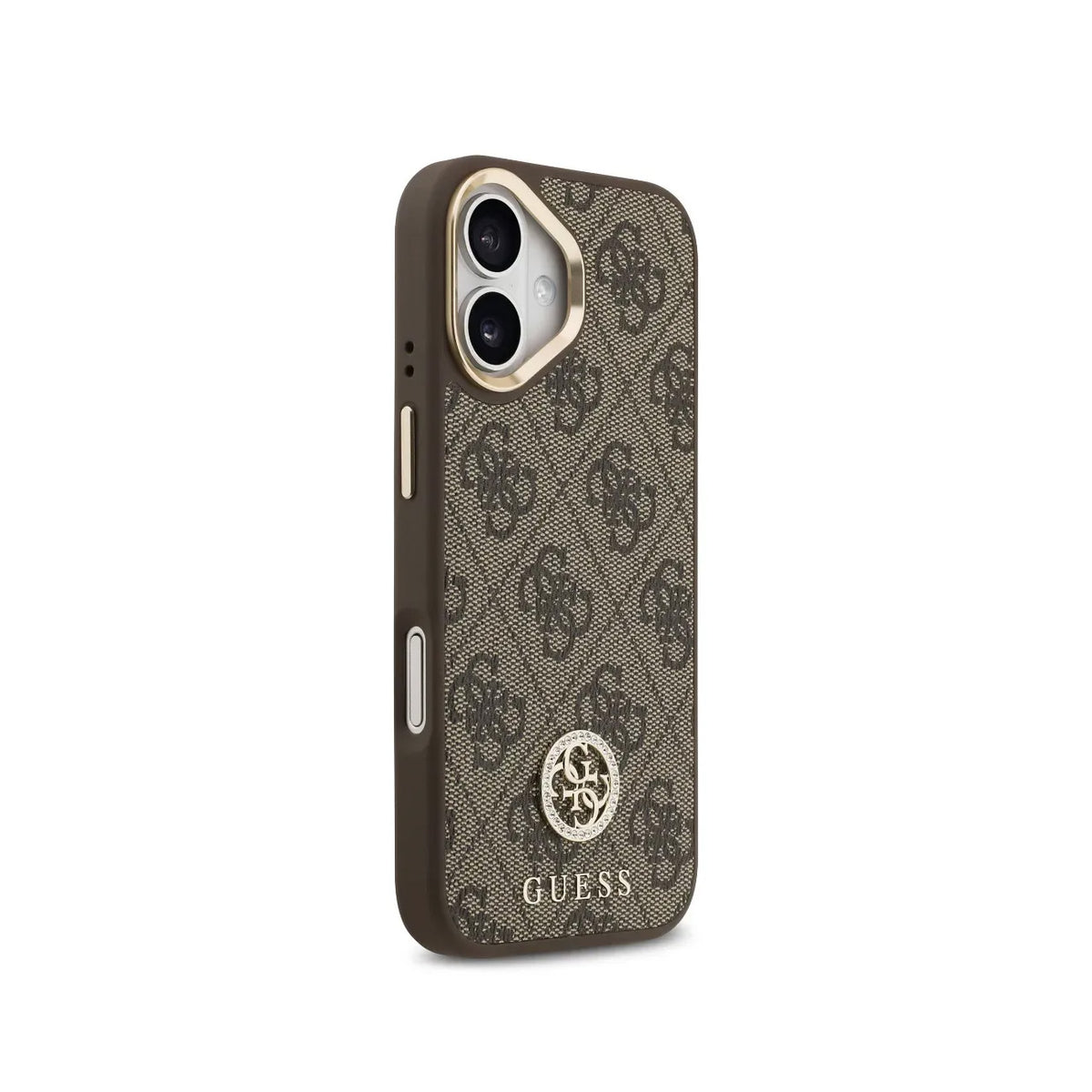 GUESS Funda Logo 4G Strass para iPhone 16 con Correa Ancha, Compatible con MagSafe y Protección Anticaídas, Marrón