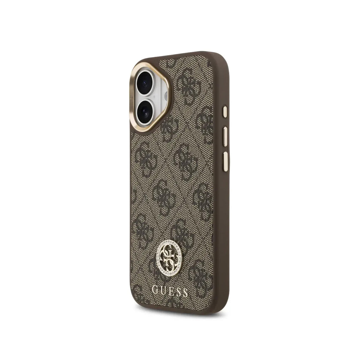 GUESS Funda Logo 4G Strass para iPhone 16 con Correa Ancha, Compatible con MagSafe y Protección Anticaídas, Marrón