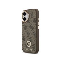 GUESS Funda para iPhone 16 – Carcasa con MagSafe Marrón con Logo 4G de Strass y Correa Ancha, Diseño Elegante y Ajuste Preciso