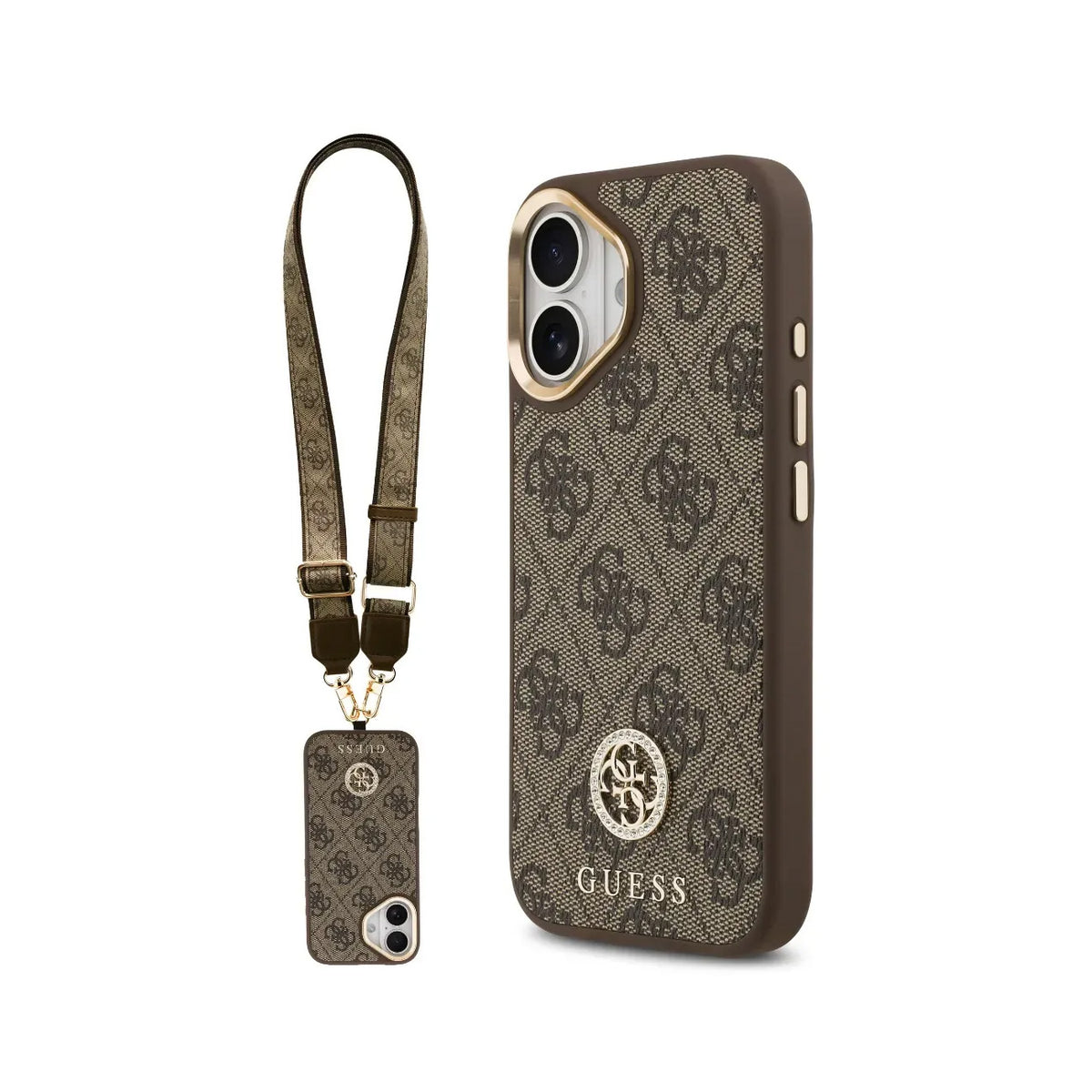 GUESS Funda Logo 4G Strass para iPhone 16 con Correa Ancha, Compatible con MagSafe y Protección Anticaídas, Marrón