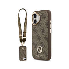 GUESS Funda para iPhone 16 – Carcasa con MagSafe Marrón con Logo 4G de Strass y Correa Ancha, Diseño Elegante y Ajuste Preciso