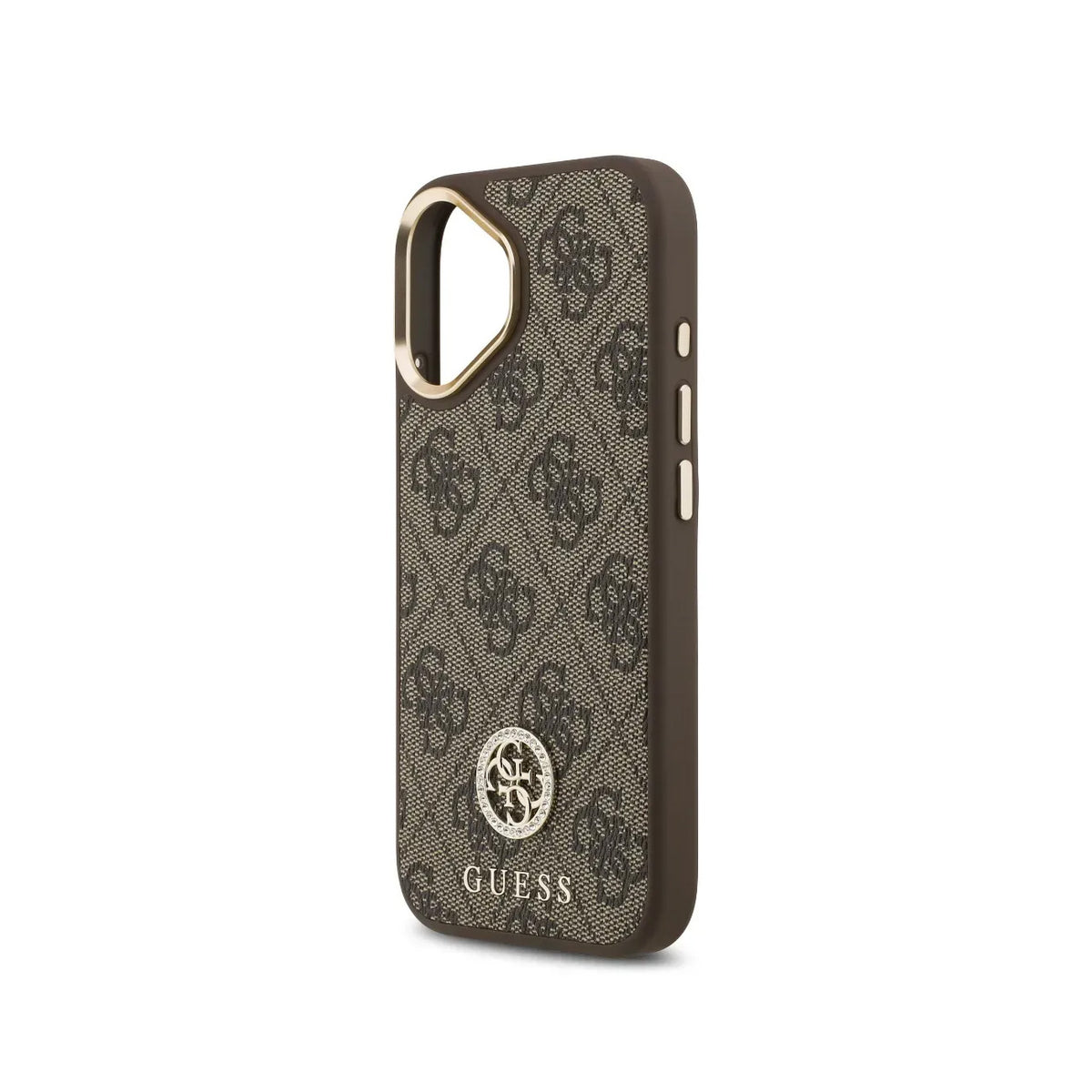 GUESS Funda Logo 4G Strass para iPhone 16 con Correa Ancha, Compatible con MagSafe y Protección Anticaídas, Marrón