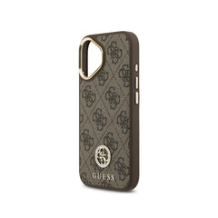 GUESS Funda para iPhone 16 – Carcasa con MagSafe Marrón con Logo 4G de Strass y Correa Ancha, Diseño Elegante y Ajuste Preciso