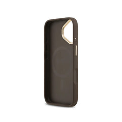 GUESS Funda para iPhone 16 – Carcasa con MagSafe Marrón con Logo 4G de Strass y Correa Ancha, Diseño Elegante y Ajuste Preciso