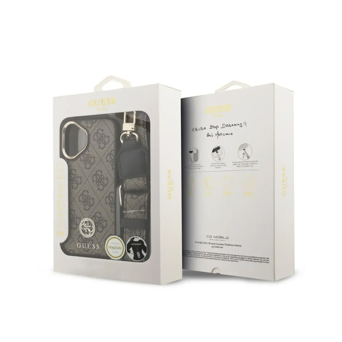 GUESS Funda Logo 4G Strass para iPhone 16 con Correa Ancha, Compatible con MagSafe y Protección Anticaídas, Marrón