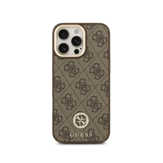 GUESS Funda Logo 4G Strass para iPhone 16 Pro Max con Correa Ancha, Compatible con MagSafe y Protección Anticaídas, Marrón