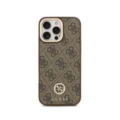 GUESS Funda Logo 4G Strass para iPhone 16 Pro Max con Correa Ancha, Compatible con MagSafe y Protección Anticaídas, Marrón