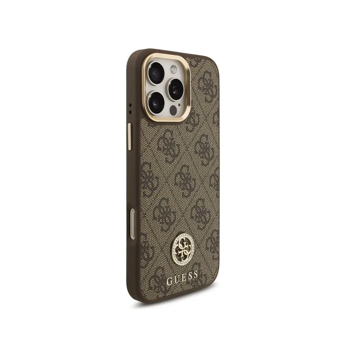 GUESS Funda Logo 4G Strass para iPhone 16 Pro con Correa Ancha, Compatible con MagSafe y Protección Anticaídas, Marrón