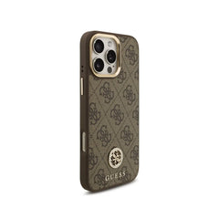 GUESS Funda Logo 4G Strass para iPhone 16 Pro con Correa Ancha, Compatible con MagSafe y Protección Anticaídas, Marrón