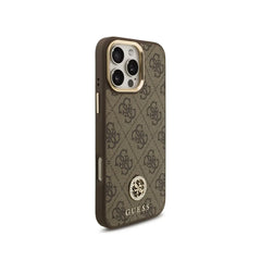 GUESS Funda Logo 4G Strass para iPhone 16 Pro Max con Correa Ancha, Compatible con MagSafe y Protección Anticaídas, Marrón