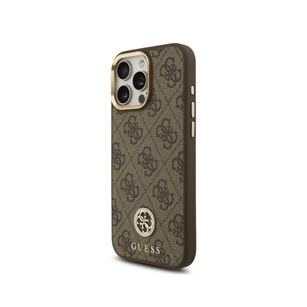 GUESS Funda Logo 4G Strass para iPhone 16 Pro con Correa Ancha, Compatible con MagSafe y Protección Anticaídas, Marrón